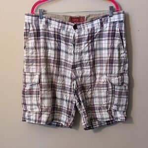 Izod Men’s Plaid Cargo Shorts in White, Navy & Brown